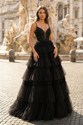 Black Beaded Spaghetti Strap Ruffle Tiered Ball Gown