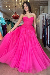 A-Line Hot Pink Tulle Lace Sweetheart Long Prom Dress