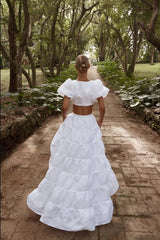 A Line Two Piece Square Neck Satin Long Wedding Dresses