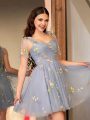 A Line Sweetheart Tulle Floral Short Homecoming Dress
