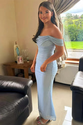 Blue - Sheath Off-Shoulder Tulle Pleated Long Prom Dresses