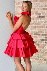 A-Line Deep Halter Satin Short Homecoming Dress with Ruffles