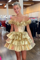 A-Line Off-the-Shoulder Corset Ruffle Tiered Homecoming Dress