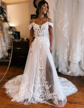 A-Line Off The Shoulder Wedding Dress With Appliques And Slit