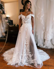 A-Line Off The Shoulder Wedding Dress With Appliques And Slit