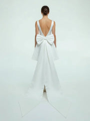 A-Line Satin V-Neck Short Wedding Dress with Large Bow