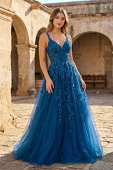 A Line Ink Blue Glitter Tulle Lace Prom Dress