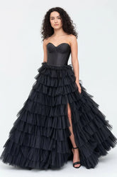 A-Line Sweetheart Tiered Tulle Prom Dress with Slit