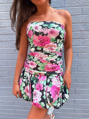 Black - Sheath Floral Strapless Beaded Short Homecoming Dresses