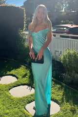Aqua Off The Shoulder Sheath Satin Long Prom Dress