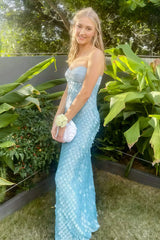 Blue - Sheath Sweetheart Long Prom Dresses with Sequins