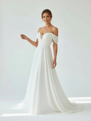 A-Line Chiffon Sleeveless Off-the-Shoulder Wedding Dress with Ruching Floor Length