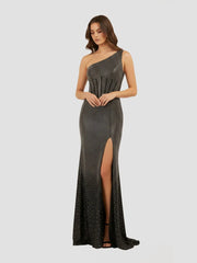 Black One Shoulder Sheath Beaded Prom Dress With Split