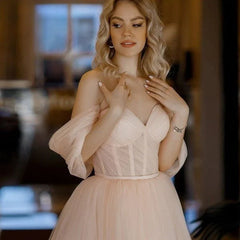 A Line Pink Tulle Tea Length Prom Dress
