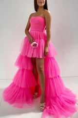 A-line High Low Strapless Tulle Prom Dress with Ruffles