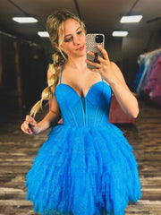 Blue - V Neck Tulle Ruffles A-line Short Homecoming Dresses