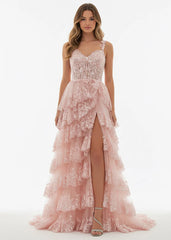 A-Line Lace Off-the-Shoulder Tiered Long Prom Dress with Slit
