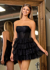 A Line Black Strapless Tiered Homecoming Dress