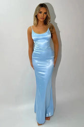 Blue - Mermaid Spaghetti Straps Satin Long Prom Dresses with Bowknot