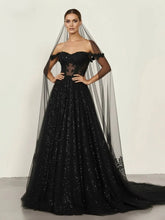 A-Line Black Gothic Wedding Dresses with Sequin Lace Appliques