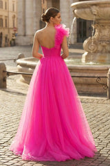 A-Line One Shoulder Long Tulle Prom Dress with Ruffles