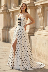 Black-White Sweetheart A Line Polka Dots Satin Long Formal Prom Dresses With Bow