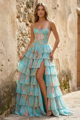 Aqua - Strapless Neck A Line Floral Chiffon Ruffled Prom Dresses With Beading