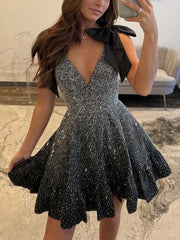Black - V Neck Satin A Line Beaded Homecoming Dress With Bow