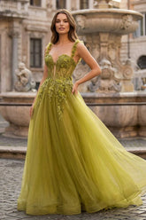 A-Line Olive Spaghetti Straps Tulle Long Prom Dresses with Lace Appliques