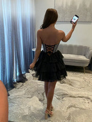 Black - Strapless A Line Chiffon Beaded Mini Party Dresses With Ruffles