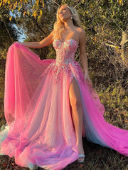 A-line Sweetheart Applique Lace Long Prom Dress with Slit