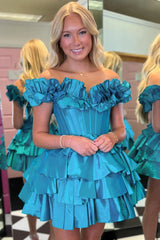 A-Line Off-the-Shoulder Corset Ruffle Tiered Homecoming Dress