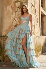 Aqua - Strapless Neck A Line Floral Chiffon Ruffled Prom Dresses With Beading