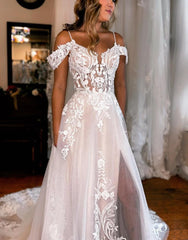 A-Line Off The Shoulder Wedding Dress With Appliques And Slit