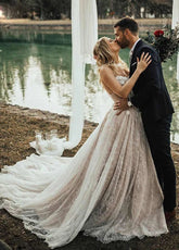 A Line Lace White Spaghetti Straps Wedding Dresses