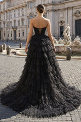 Black Strapless High Low Ruffles Tulle Prom Dress