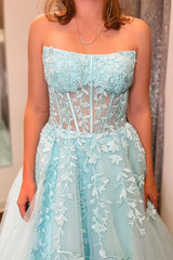 Aqua Blue Appliques Strapless A-Line Long Prom Dress