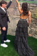 Black - A-Line Halter Satin Beaded Long Prom Dresses With Ruffles