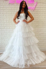 A-Line Strapless Tiered Tulle Prom Dress with Ruffles
