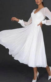 A-Line V-neck Chiffon Long Sleeves Zipper Wedding Dress
