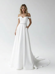 A-Line Off the Shoulder Beaded Wedding Dress