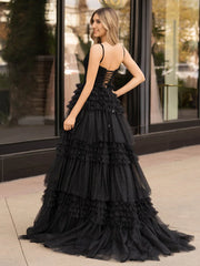 A-Line Deep Spaghetti Straps Tiered Long Glitter Tulle Prom Dress