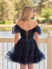 A Line Sweetheart Puff Sleeves Short Homecoming Dress With Ruffles