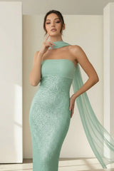 Aqua Strapless Sheath Sequined Formal Prom Dresses With Scarf