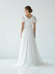 A Line V-neck Chiffon Floor-length Brush Train Short Sleeve Wedding Dress with Ruffles