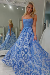 Blue A Line Square Neck Tulle Applique Long Prom Dresses with Lace Appliques