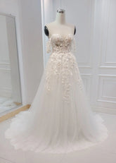 A-line White Off the Shoulder Wedding Dress With Flower Embroidery