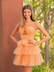 A Line Tulle Orange Keyhole Halter Short Homecoming Dress with Ruffles