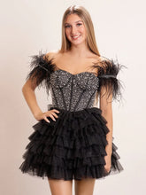 A Line Off the Shoulder Beaded Homecoming Dress with Feathers