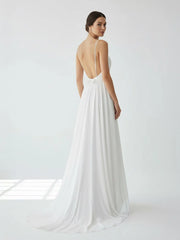 A-Line V Neck Straps Spaghetti Sheath Chiffon Wedding Dress